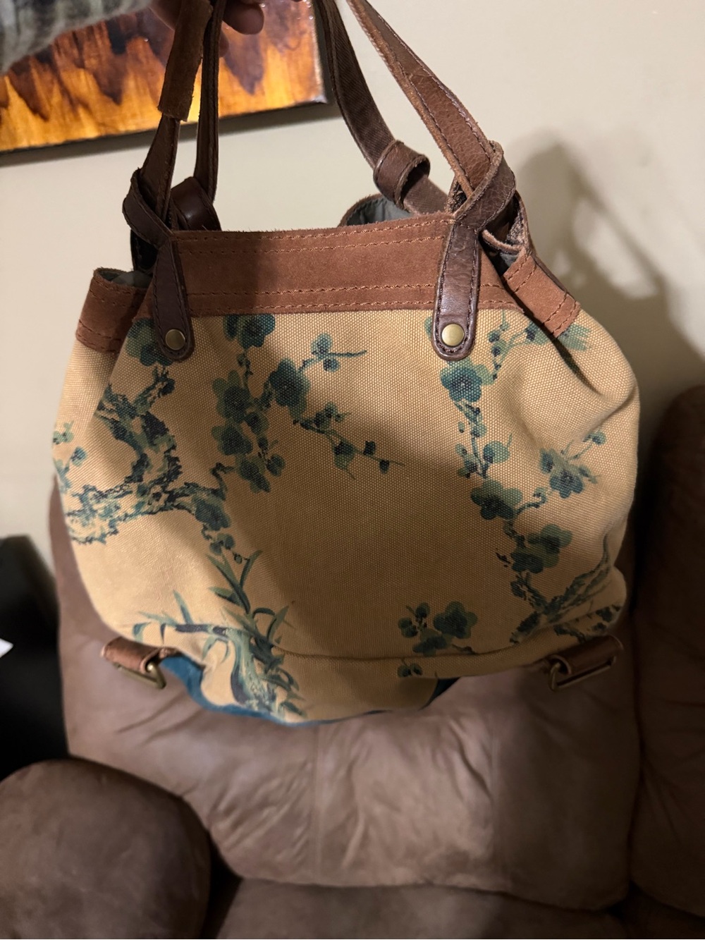 Lucky Brand Tan Canvas Shoulder Bag with Blue Floral Print and Brown Trim